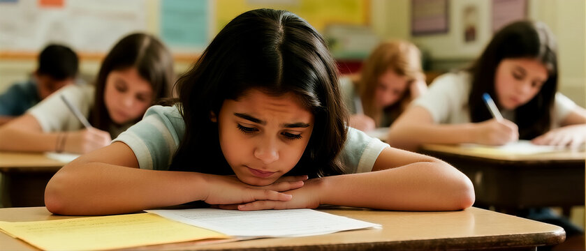 Ni&ntilde;a estudiante angustiada realizando un examen