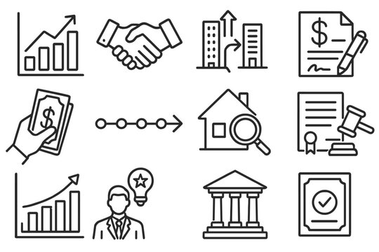 Startup Exit Strategies Icons. Line style icons of startup exit strategies: IPO chart icon, acquisition deal, merger icon, exit