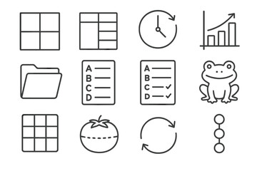 Productivity Icons Collection. Line style icons of productivity techniques: Eisenhower matrix, time blocking chart, 2-minute rule
