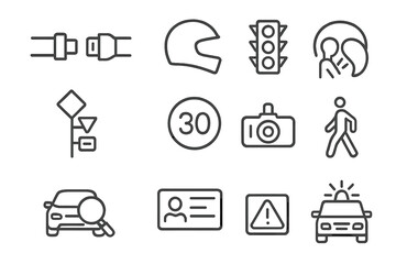 Transport Safety Icons. Line style icons of transport safety: seatbelt icon, helmet icon, traffic signal icon, road signs set,