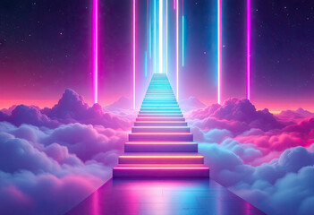 Stairway to Colorful Glowing Neon Lights and Fluffy Clouds