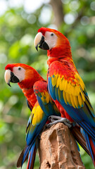 Fototapeta premium Vibrant scarlet macaws perching gracefully among lush greenery in a tropical habitat