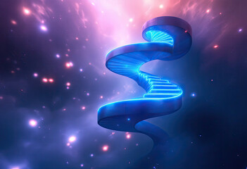 Blue Lit Stairway to Pink Starry Sky Abstract Illustration