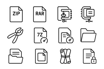 Archive Icons Collection. Line style icons of archive and compression: zip file icon, rar file icon, compress file icon,