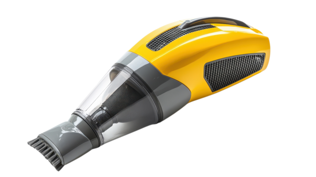 Bright yellow handheld vacuum for quick cleanups at home or in vehicles, featuring a modern design