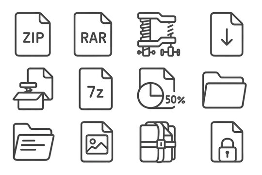 Archive Icons Collection. Line style icons of archive and compression: zip file icon, rar file icon, compress file icon,