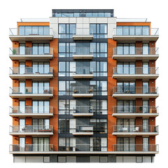 Obraz premium Modern brick apartment building with numerous balconies and large windows. background removed