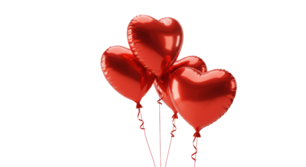 Three shiny red heart-shaped foil balloons with ribbons float elegantly in a professional high-key studio setting with a transparent background, concept of heartfelt connection and appreciation