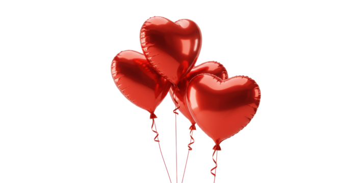 Three shiny red heart-shaped foil balloons with ribbons float elegantly in a professional high-key studio setting with a transparent background, concept of heartfelt connection and appreciation - Powered by Adobe