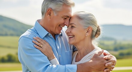 Happy Senior Couple Sharing a Tender Embrace and Joyful Smiles Outdoors on a Sunny Day