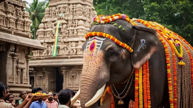 Decorated Elephant During Religious Festival With Stone Temple Background in India With Yellow and Orange Flowers With Divine Atmosphere