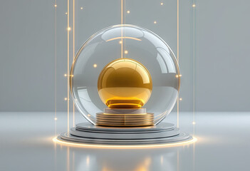 Golden Sphere Inside Clear Glass Dome on Round Gray Pedestal with Glowing Lights