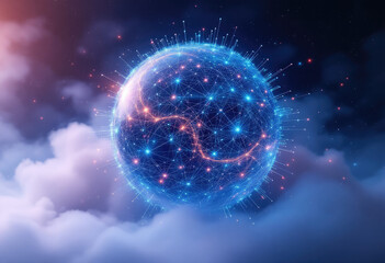Glowing Blue Sphere Network Floating Above Soft Clouds