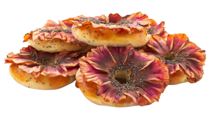 A vibrant assortment of flower-shaped pastries topped with poppy seeds showcased under bright midday lighting