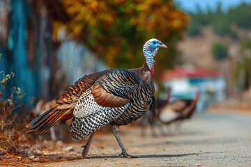 Obraz premium A turkey walks along a country road near private houses.