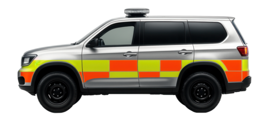 Emergency response vehicle with high visibility markings and roof-mounted lights