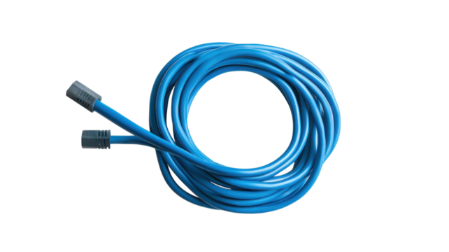 Blue cable neatly coiled, highlighting its design and suitability for various connection tasks and projects