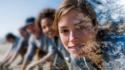 Young woman smiling with group of friends outdoors, happy and relaxed in natural light
