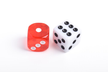 Two red and white dice isolated on white background