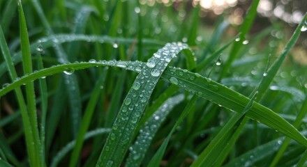 Close Up of Dew Drops on Lush Green Grass Blades
