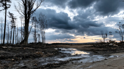 Dark cloudy sky over muddy deforested land with bare trees and puddles reflecting gloomy atmosphere