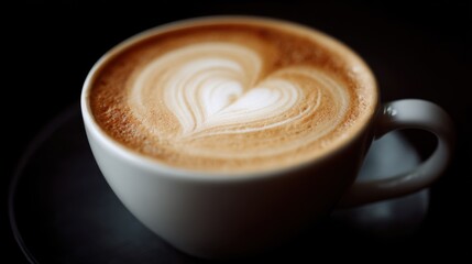 Close-up of a cup of coffee. the cup is white and is placed on a black saucer. the coffee is a light brown color and has a heart-shaped latte art design on top.