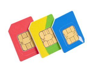 Three colorful sim cards arranged diagonally isolated on transparent background