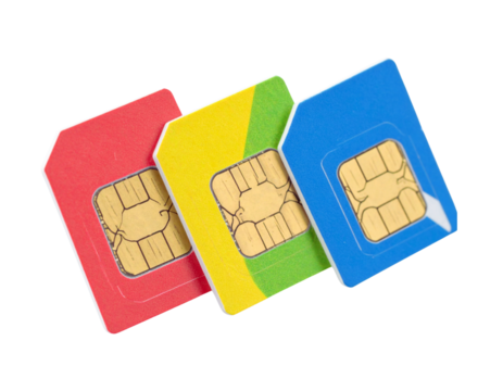 Three colorful sim cards arranged diagonally isolated on transparent background