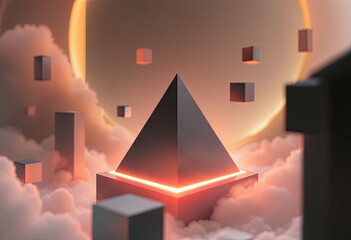 Glow Pyramid Geometric Shapes Floating in Cloudy Dreamscape Scene