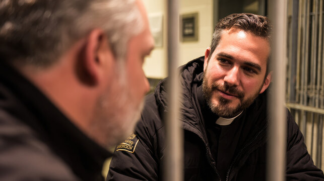 Man talking to priest through prison bars showing compassionate and understanding expression during visit