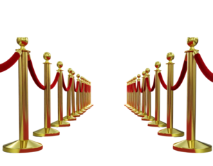 Golden stanchions with red velvet ropes isolated on transparent background