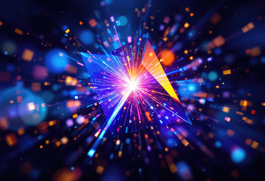 Bright Geometric Prism with Colorful Glowing Particle Rays