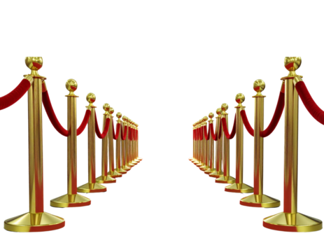 Golden stanchions with red velvet ropes isolated on transparent background - Powered by Adobe