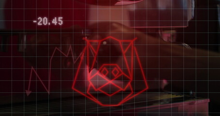 Red wireframe animal head hovering over white grid on control panel, showing red line graph -20
