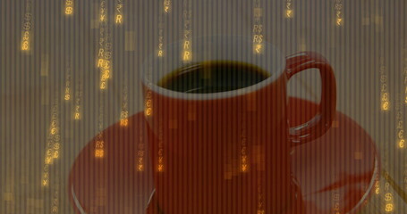 Sitting red ceramic cup and saucer holding coffee on tabletop, with cascading golden currency icons