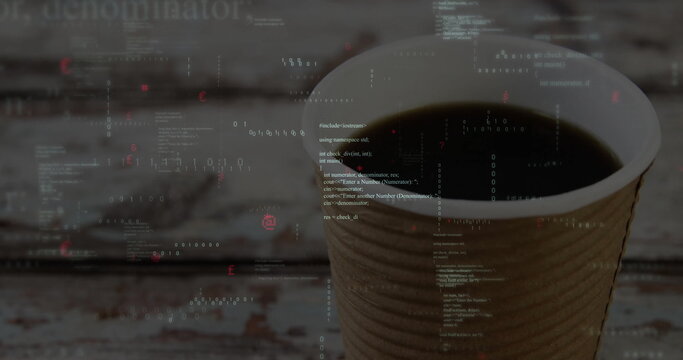 Fototapeta Displaying corrugated coffee cup holding dark coffee on weathered table, code overlay, copy space