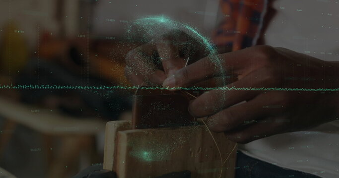 Stitching leather on workshop bench vise, craftsman guiding waxed thread and needle, data overlay - Powered by Adobe