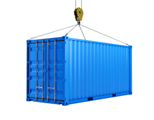 Blue shipping container being lifted by a crane isolated on transparent background