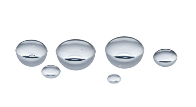 Four distinct, pristine water droplets, perfectly spherical, highlighting refractive qualities, on a clean, reflective white studio surface with no shadows. Concept of purity and precision