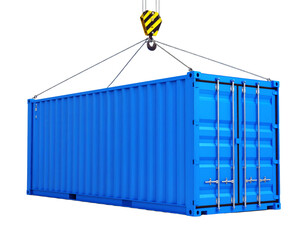 Blue shipping container being lifted by a crane isolated on transparent background