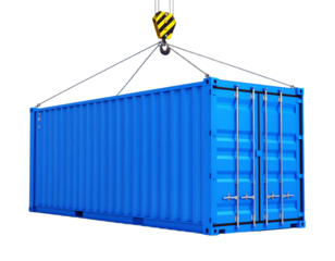 Blue shipping container being lifted by a crane isolated on transparent background