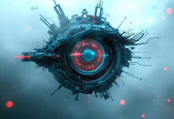 Abstract Technological Orb with Red and Blue Glowing Center