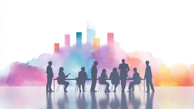 Business meeting with diverse people silhouette in office with colorful cityscape background and watercolor effect