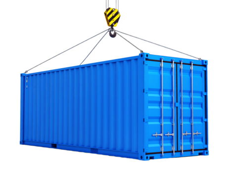 Blue shipping container being lifted by a crane isolated on transparent background