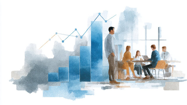 Business meeting with financial growth chart, teamwork collaboration, and office discussion concept in watercolor style