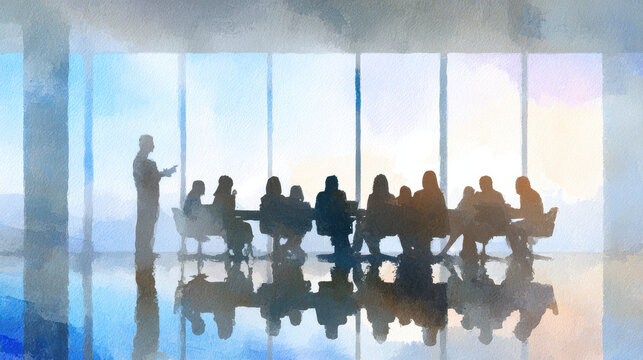 Business meeting with people sitting around table and presenter standing in modern office with large windows