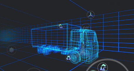 Displaying wireframe semi-truck model with cargo trailer and multi-axis wheels in virtual grid