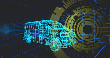 Neon blue wireframe van model rotating in virtual 3D space, with floating yellow HUD circles