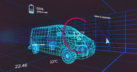 Displaying wireframe van model speeding through digital grid, with gauge battery navigation arrow