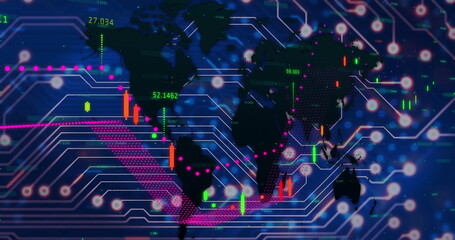 Animating world map in dashboard, with neon network lines, dot nodes, candlesticks, numeric labels